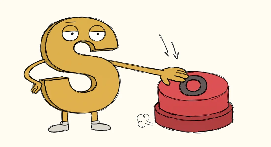 Rebus drawing: the letter S presses a big red button marked O